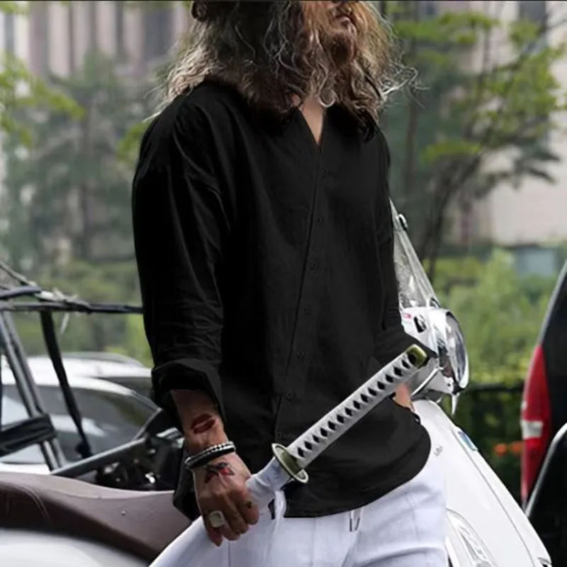 

Casual Solid Color Cotton Linen Tops Vintage Button V Neck Long Sleeve Cardigan Men's Fashion Streetwear Loose Fitting Shirts