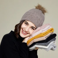 visrover 10 rabbit cashmere woman winter hat with stripe autumn beanies with pompom cashmere woman warm wool skullies wholesales
