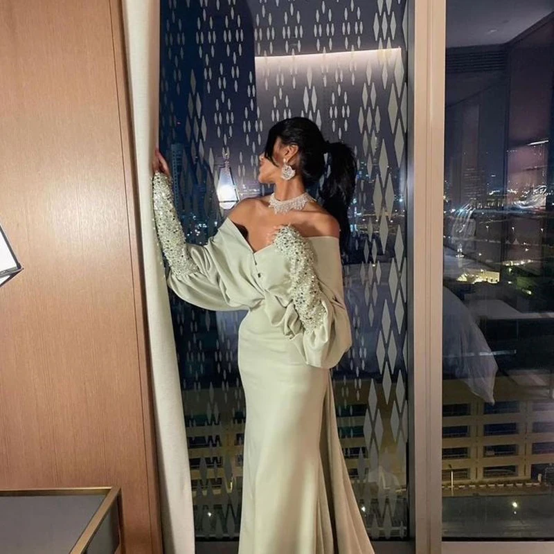 

Sexy Off The Shoulder Sequined Sleeve Silk Satin Mermaid Vestidos De Fiesta Fishtail Evening Dress Sexy V-Neck Prom Dress