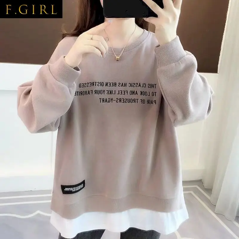 

2022 New Spring Autumn Pullover Women's Thin Loose Korean Style Fake Two-piece Blouse Clothes Letter Printing Sweatshirt Women
