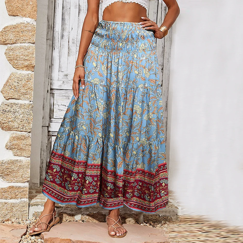 

Summer Bohemia Long Print A-Line Skirt Floral Skirt Women Casual Faldas Female Boho Elastic High Waist Holiday Beach Maxi Skirt