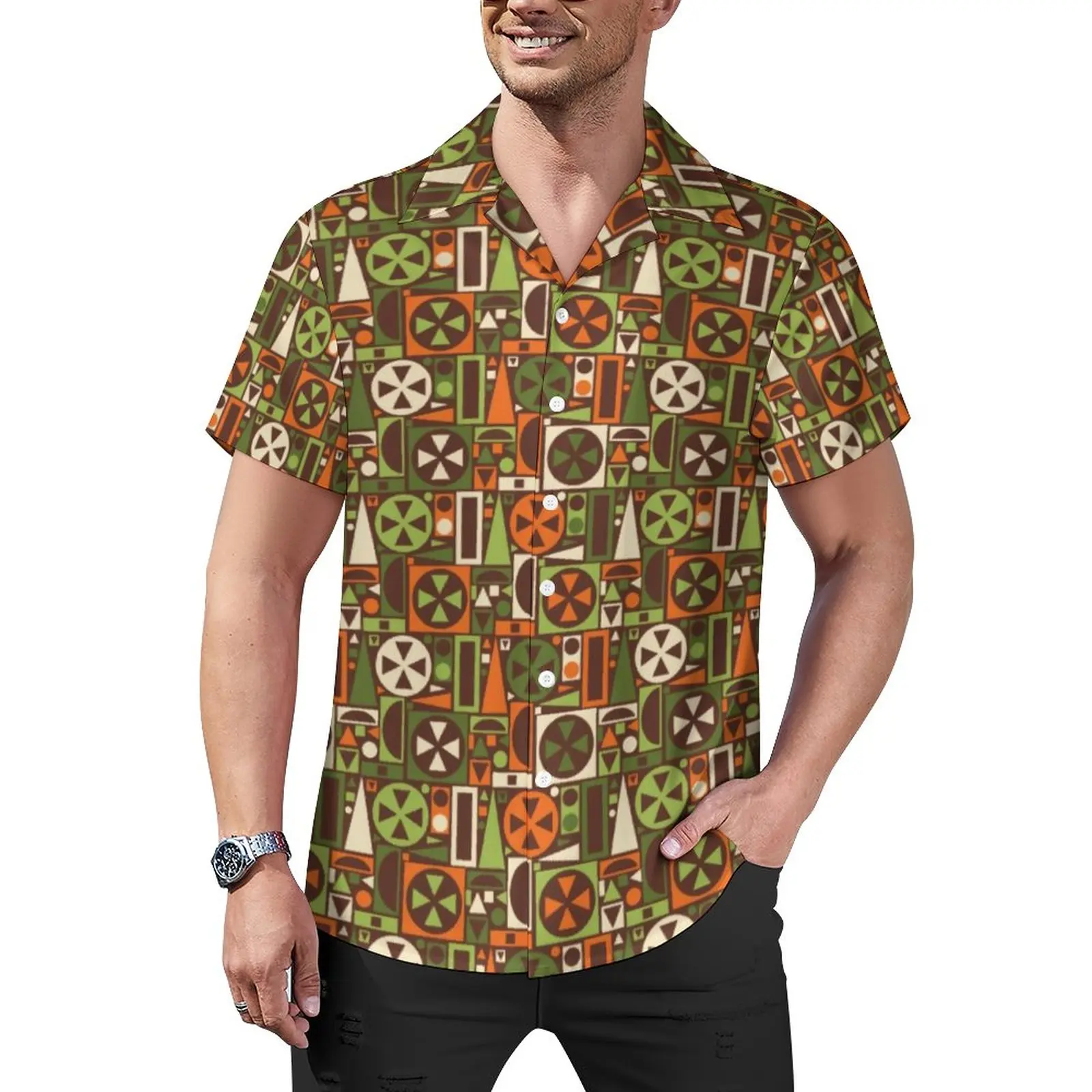 

Mid-Century Retro Mod Casual Shirt Geometric Retro 50s 60s Beach Loose Shirt Hawaiian Blouses Short Sleeve Graphic Oversize Tops
