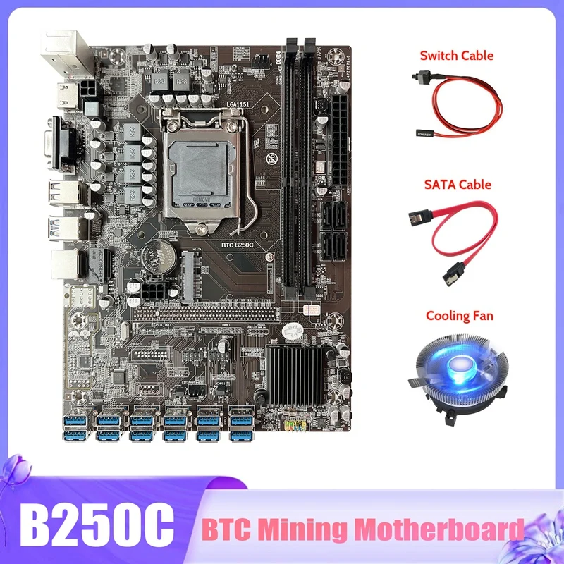 B250C BTC Mining Motherboard+Cooling Fan+SATA Cable+Switch Cable 12X PCIE To USB3.0 GPU Slot LGA1151 Miner Motherboard