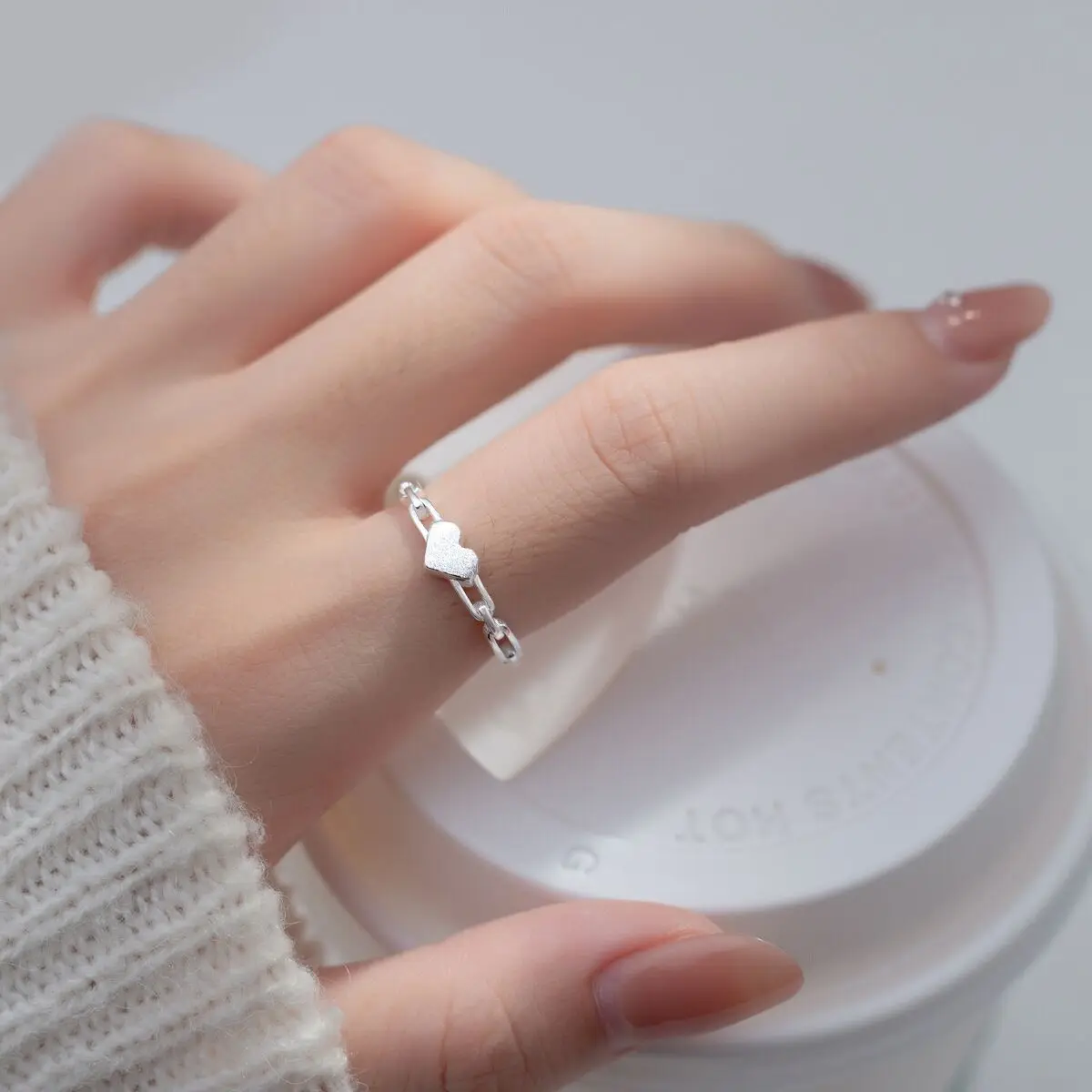 

PANJBJ Silver Color Love Heart Ring For Women Girl Fashion Frosting Hollow Out Jewelry Birthday Gift Dropshipping