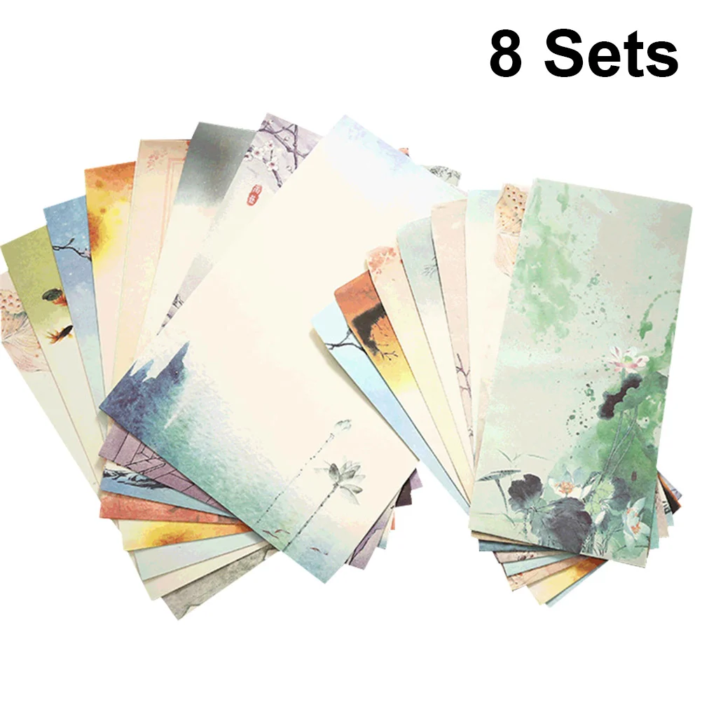 

8 Sets Chinese Style Printing Envelope and Letter Set Papers Beautiful Pattern Envelopes Writing Stationery Envelope Set Random