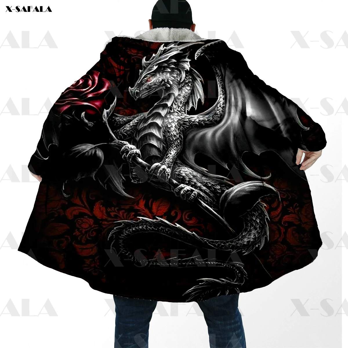 

Rose Dragon Thicker Warm Hooded Cloak Female Man Samurai Mask Tattoo Overcoat Coat Windproof Fleece Cape Robe Hooded Blanket