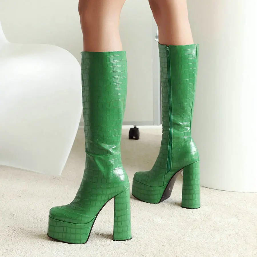 

Модные женские сапоги до колена из искусственной кожи на платформе Chunku высокий каблук панк сапоги с квадратным носком на молнии осенне-зимняя женская обувь 2022