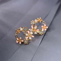korean new colorful flower rhinestone wreath stud earrings for women shell small cirlce earrings stainless steel jewelry gift
