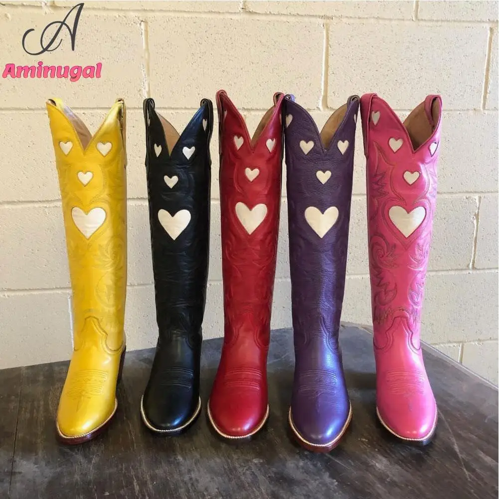 Cowboy Western Boots Pointed Toe Slip-On Heart-Shaped 2023 Spring Summer Fashion Cowgirl Comfy Women Knee High Boots Shoes