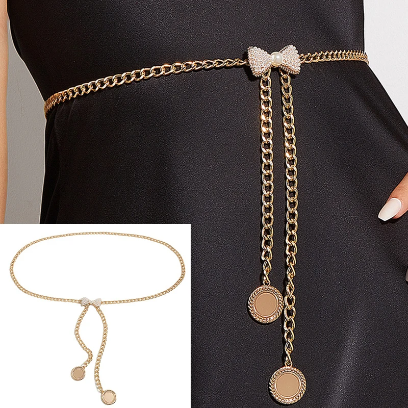 

Metal Waist Chain Female Accessories Bow Buckle New Fashion Spice Girl Body Chain Dress Belt Chain High Waist Gold Metal Chain