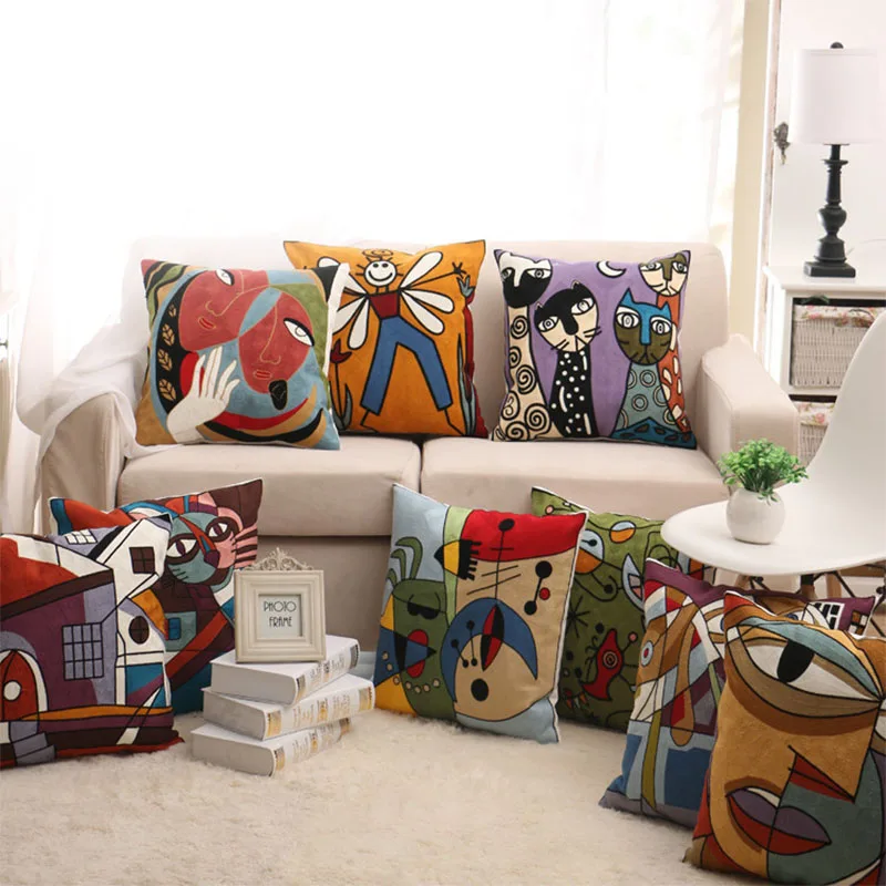 

45x45cm Abstract Embroidery Cushion Cover Graffiti Pillow Case Art Painting Streak Face Pillowcase Modern Art Home Decor