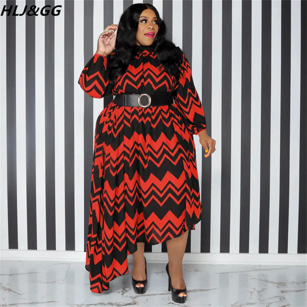 HLJ&GG Elegant Stripe Print Belt Dresses Women Long Sleeve Loose Irregularity Dress Vestidos Fall Female Plus Size Clothing 5XL