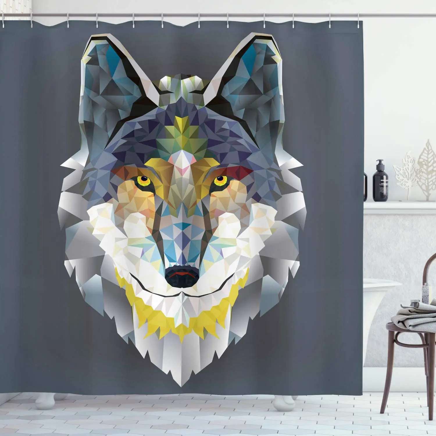 

Zoo Shower Curtain, Graphic Design of Coyote Wolf Beast Modern Portrait Geometric Colorful Print, Cloth Fabric Bathroo