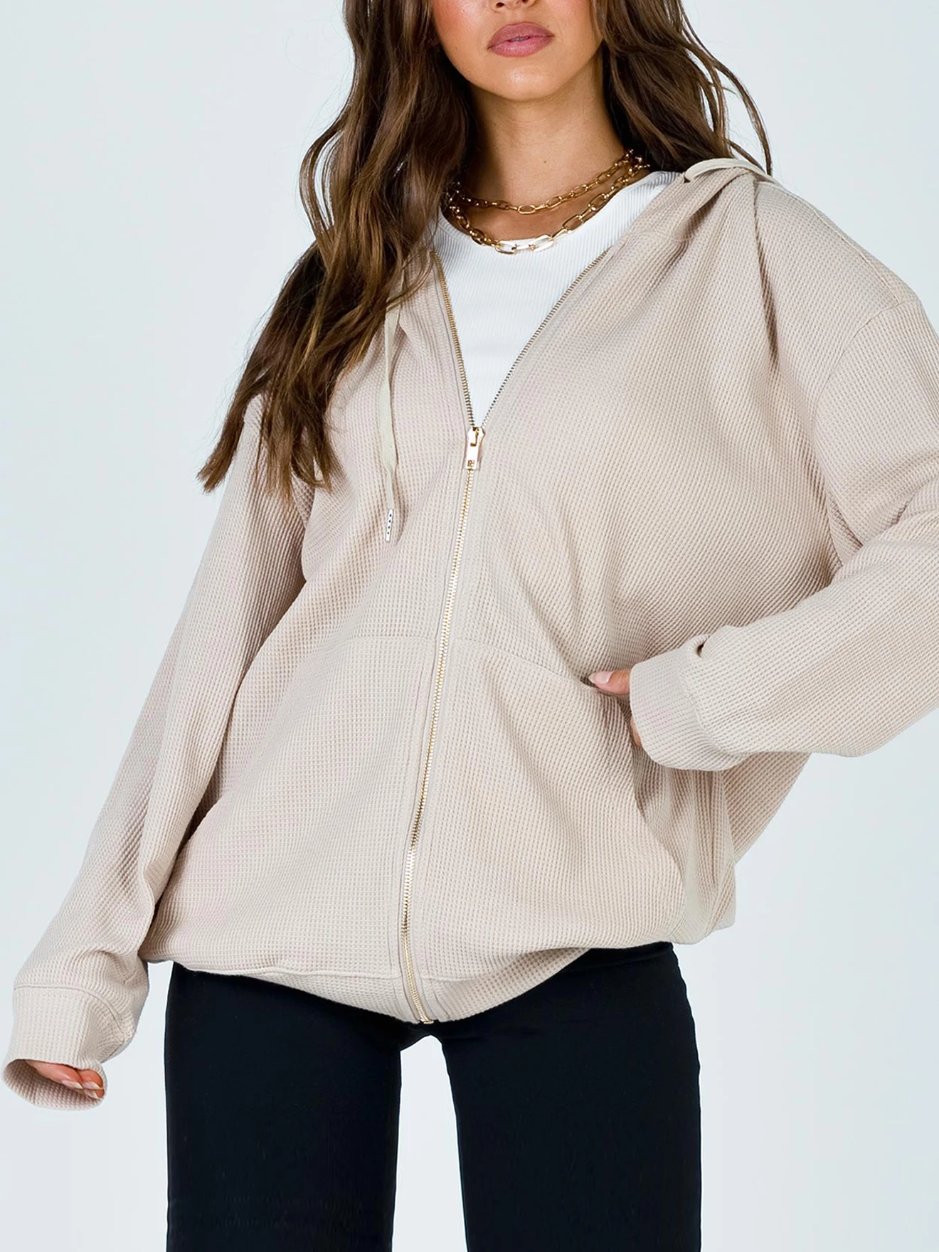 

Zip Up Oversized Hoodie Sweatshirt Y2K Clothes Autumn Winter Clothing Women K Pop Streetwear Plain Drop Sleeves Lady Jacket Coat