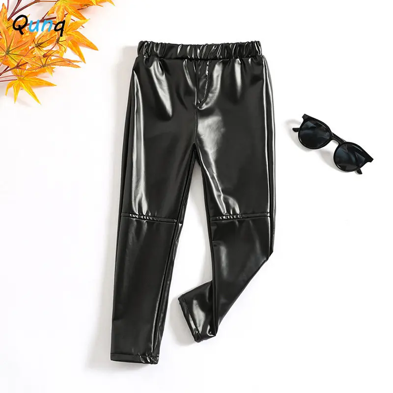 

Qunq 2022 Spring & Autumn Girls Solid Tight Elastic Leather MID Waist Pants Fashion Leggings Casual Kids Clouthes Age 3T-8T