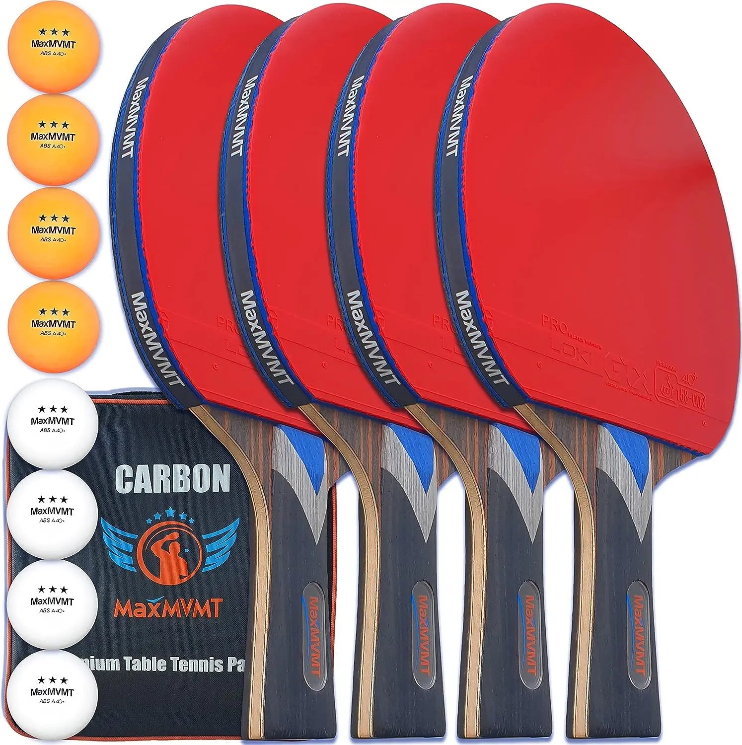 

Pong Paddle Set of 4 - Carbon Fiber 7 Ply Rackets - 2 Wristbands - 8 Balls - 1 Rubber Cleaner Sponge - Premium ITTF Approved Rub