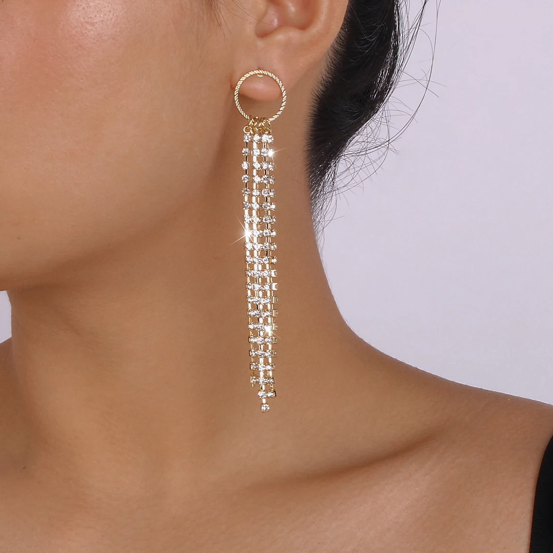 

Kpop Temperament Long Tassel Rhinestone Drop Earrings for Women Wedding Bridal Sweet Dangle Earrings Accessories Party Jewelry