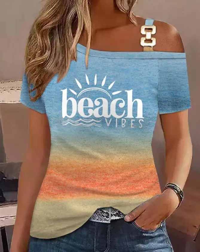 

Women's T-Shirt 2023 New Casual Beach Landscape Print Ombre Cold Shoulder Short Sleeve Tee Fashion Pullover Female Bloues Summer