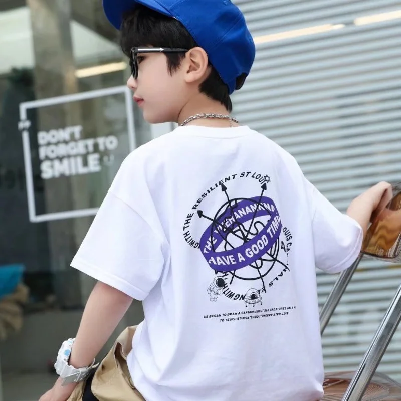 Children's Round Neck New Temperament Summer T-shirt Five-point Sleeve Simple Trend All-match Korean Style Children's Clothing
