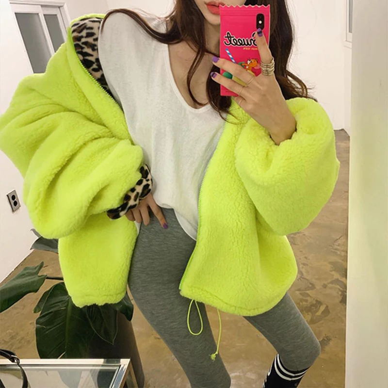 2023 Winter Fur Coat Patchwork Leopard Turn-down Collar Coats Oversized Neon Green Faux Fur Woolen Warm Women Jacket Streetwear