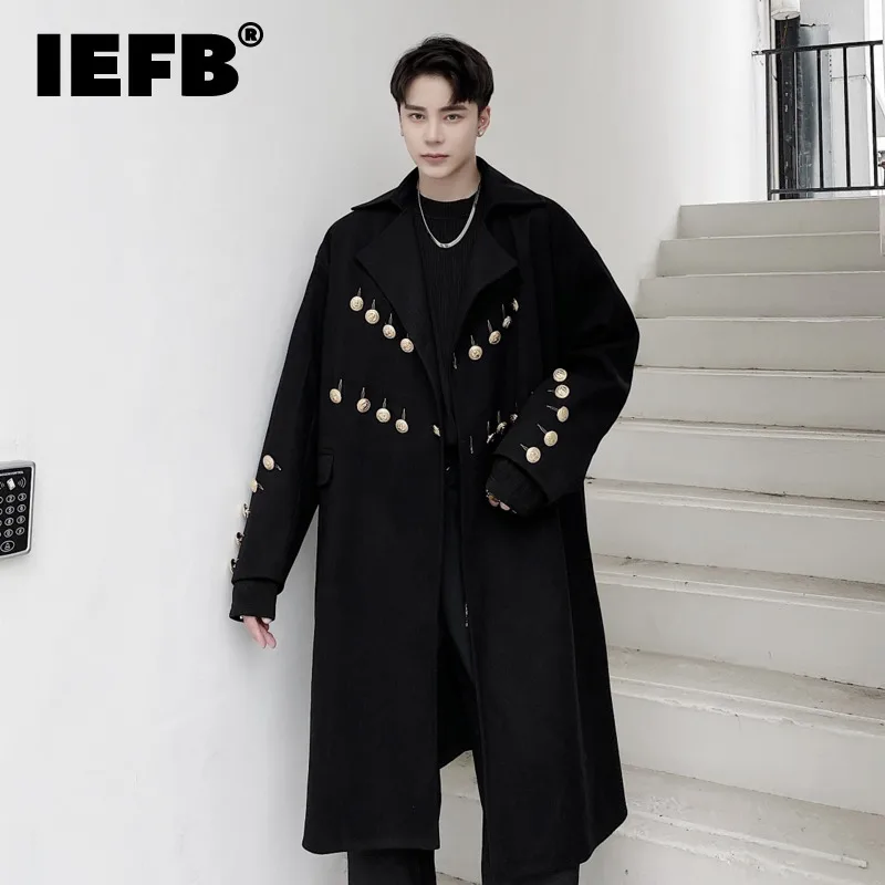 IEFB Loose Casual Woolen Coat Men's Darkwear Tailored Collar Mental Button Fashion Coats Long Trendy Tops 2022 Winter 9A6357