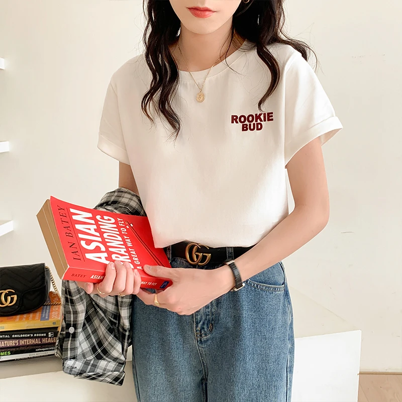 

Limiguyue черная хлопковая футболка, винтажные футболки с коротким рукавом, женские белые свободные буквенные принты, минималистичные женские ...