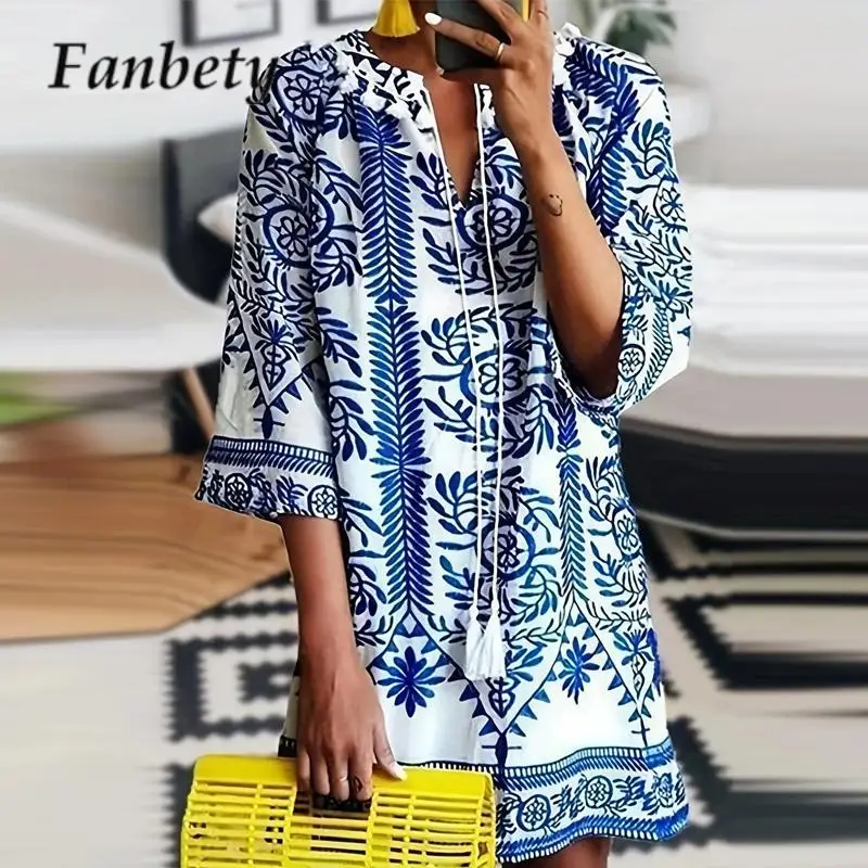 

2023 Boho Holiday Tassels A-line Pullover Dress Casual Ladies V Neck 3/4 Sleeve Mini Dress Summer Women Totem Print Loose Dress