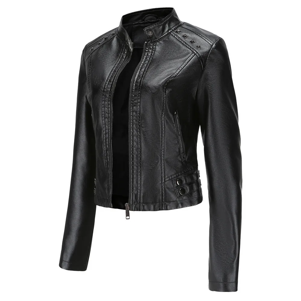 Female Clothing Jackets Women's Rivet Stand Collar Zipper Coat 2022 New PU Leather Motor Biker Tops Autumn Spring Ladies Fashion enlarge