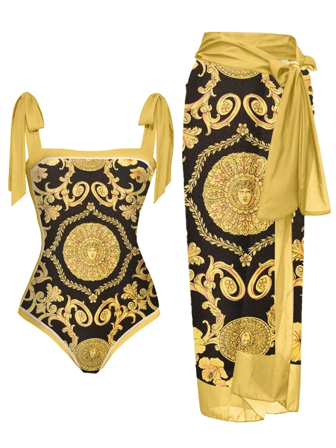 Vintage Print One-Piece Swimsuit and Cover Up