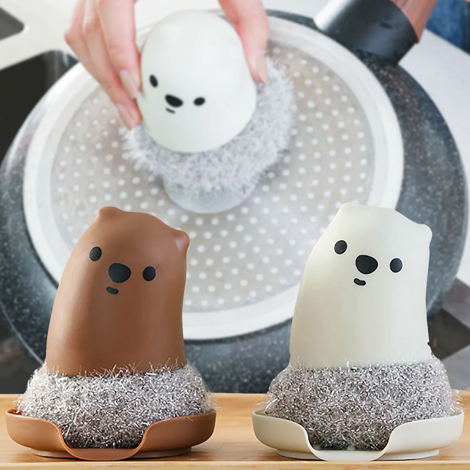 

Stainless Steel Cleaning Ball Bear Cleaning Brush Handle Dish Washing Pot Kitchen Oil Remover Scrubber Replaceable Accessories