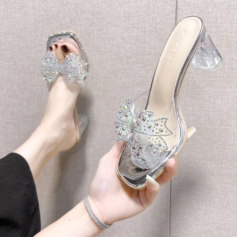 2023 Women Summer 7cm High Heels Slides Mules Lady Cinderella Crystal Diamond Transparent Slippers Sandals Clear Heels PVC Shoes