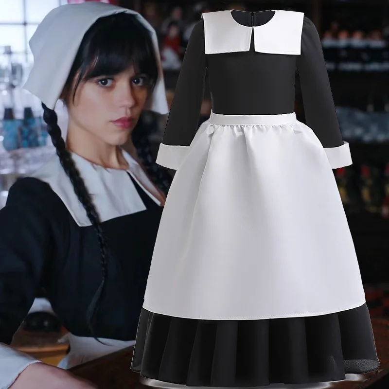 

Girls Wednesday Addams Maid Cosplay Costume Addams Black Long Sleeve Maid Dress Outfit Costumes Cosplay Party Full Set