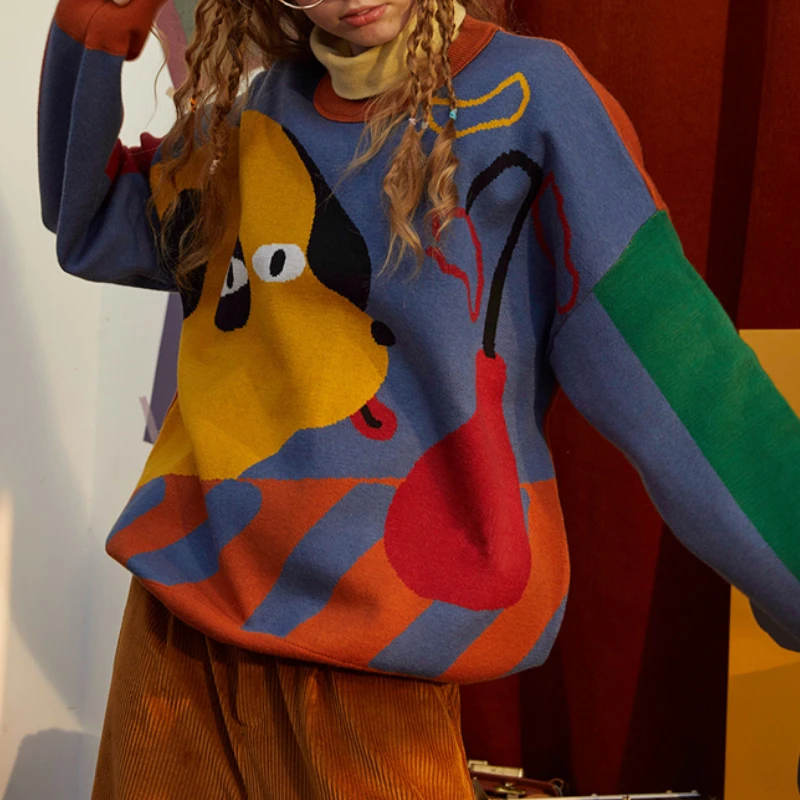 

Women Pullover Sweaters Long Sleeve Cartoon Dog Pattern Color Block High-quality Knit Tops Harajuku Loose Soft Winter Jumper Ins