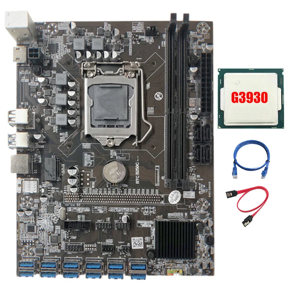 

B250C Mining Motherboard with G3930 CPU+SATA Cable+RJ45 Cable 3 Meters RAM 12XPCIE to USB3.0 Card Slot Board for BTC