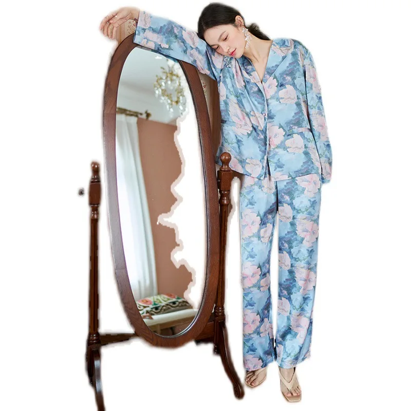 Pink blue printed ice silk pajamas ladies 2021 new long-sleeved trousers suit pajamas for women  pajamas