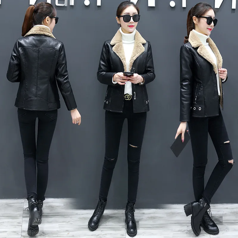 Winter Women's 2022 Short Leather Jacket Korean Fur Jacket Thickened Autumn  Winter Motorcycle Clothes Skinny Lady Warm Top