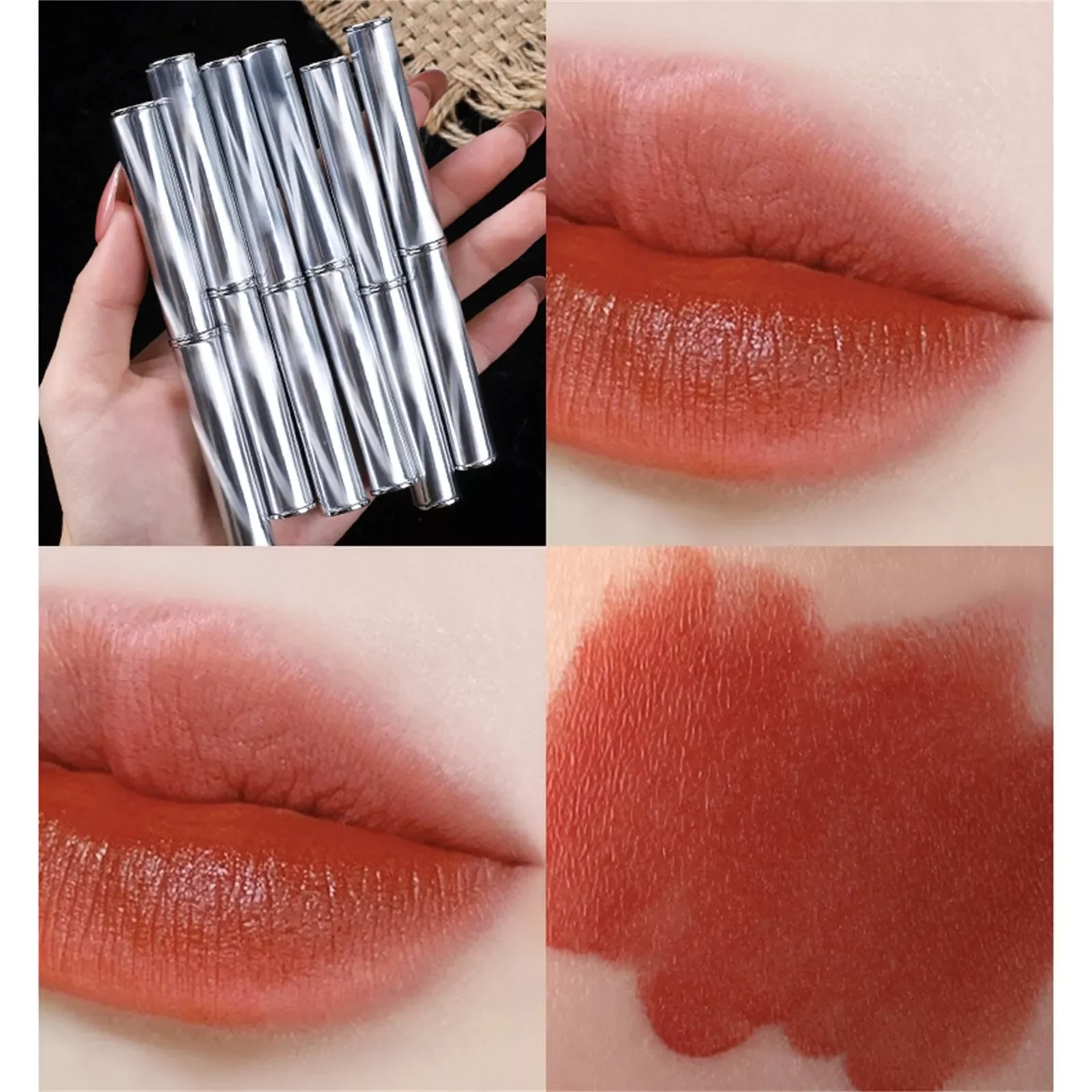 

NEW2023 Small Silver Tube Small Thin Mouthpiece Lipstick Long Lasting Waterproof Velvet Lip Gloss Pigmented Lip Makeup Gift For