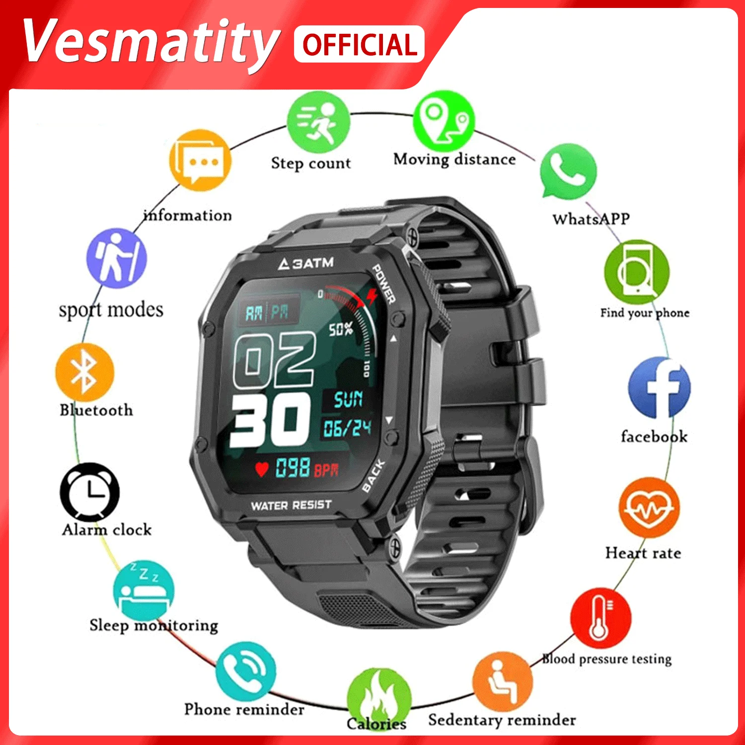 

1.69 Inch 3ATM IP68 Waterproof Smart Watch Men Women Fitness Tracker Blood Pressure Monitor Outdoor Multi-Sports Smartwatch