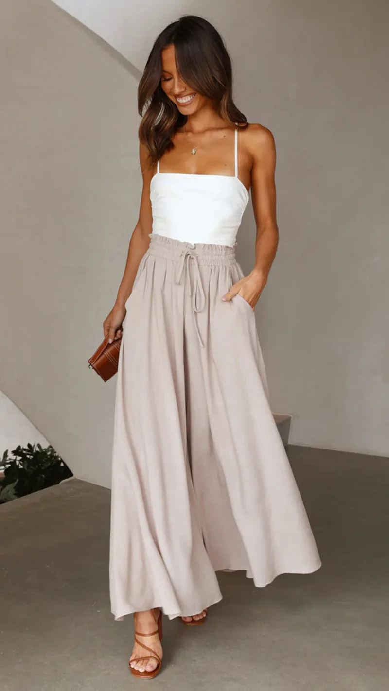 

Women's Wide Leg Pants Elastic Belt Solid Color High Waist Fashion Street Casual Pants Women Wide Leg Flared Pants 2022 New