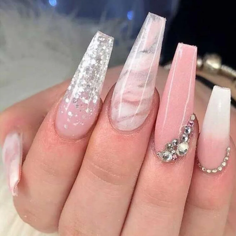 

24Pcs Long Ballet False Nails with Rhinestone Gradient Pink Fake Nails Marbling Design Wearable Coffin Press on Nails Full Tips