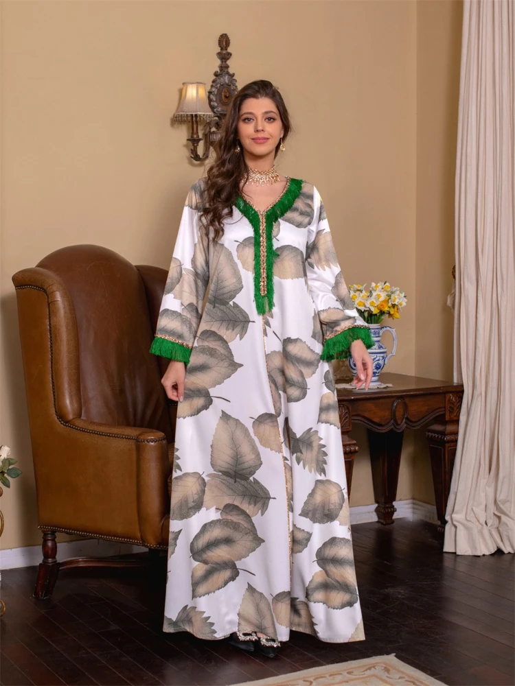 Ramadan Jalabiya Dress Elegant Casual Leaf Print Fashion Feather Sleeve Long Dresses Dubai Abaya Luxury For Muslim Women