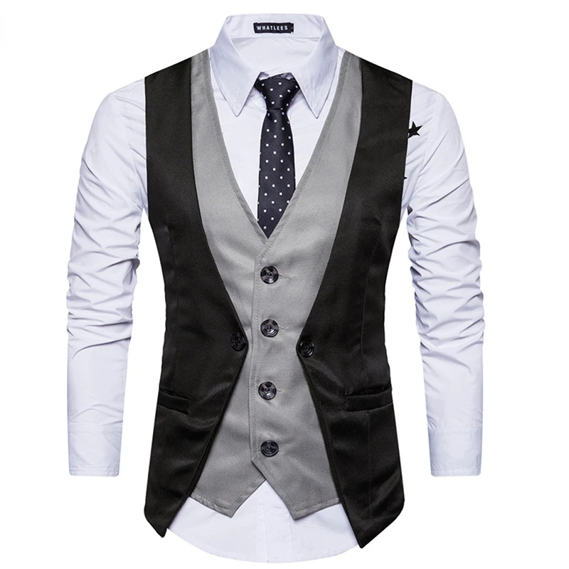 

Mens Formal Fashion Vest Layered Waistcoat Fake Two Pieces British Style Gentleman Suit Vests Slim Fit Business Wedding