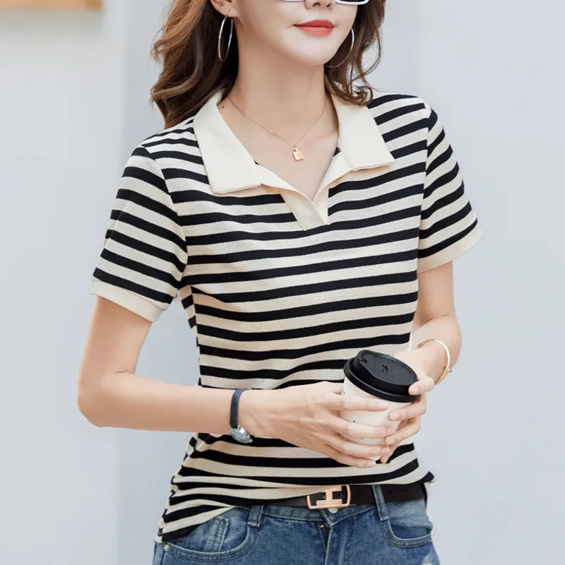 #0420 летняя полосатая футболка с отложным воротником тонкая короткая Женская