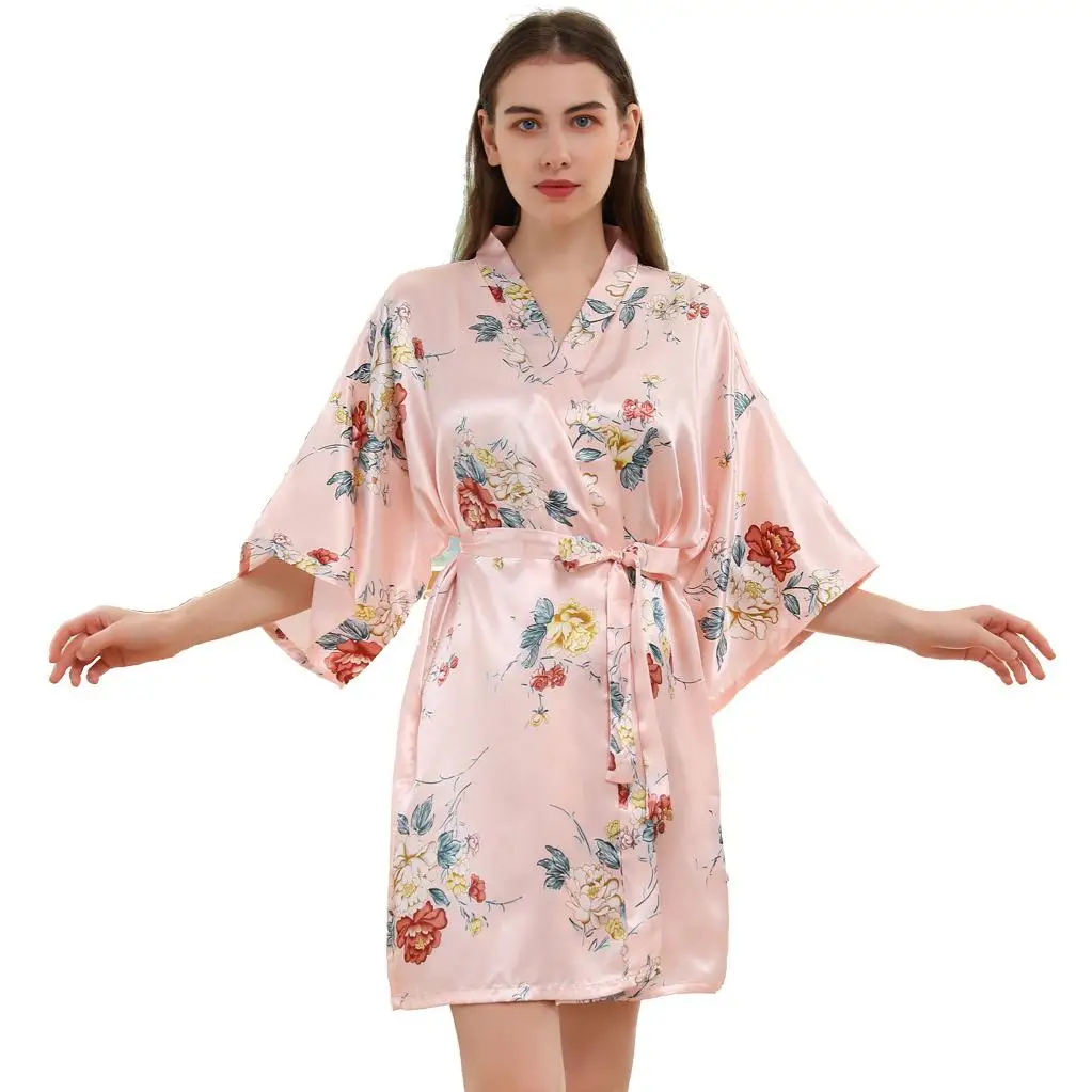 

Bride Summer Kimono Robe V-Neck Women Print Bathrobe Loungewear Wedding Nighty Gown Rayon Sleepwear Pour Femme Bridesmaid Dress