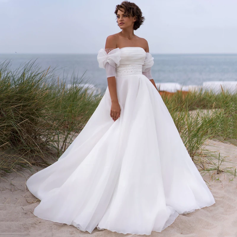 

Strapless Beads Short Sleeve Belt Pleats Lace Up A-Line Organza Bridal Gown Wedding Dress Vestidos De Novia