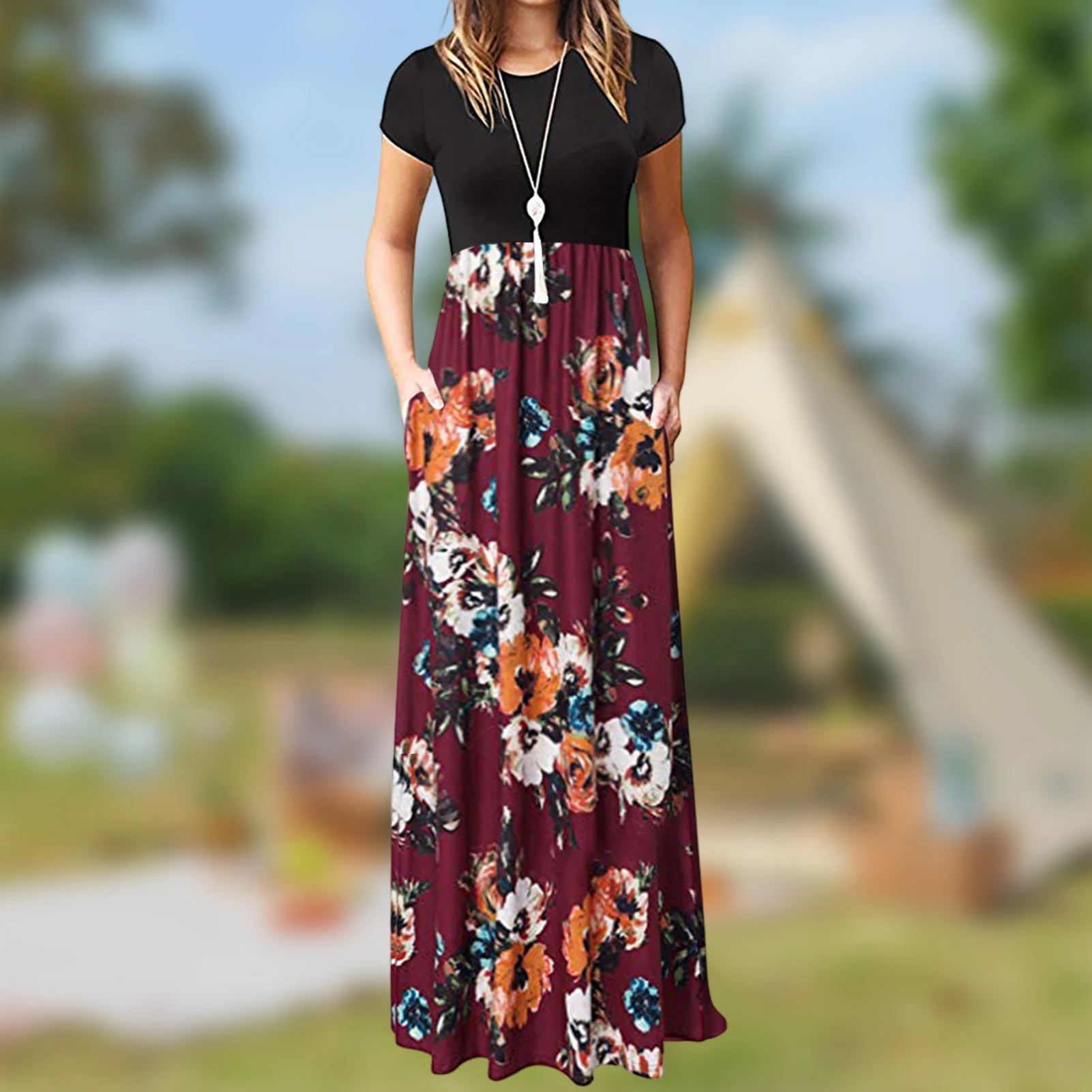 

Beach Sundress Bohemian Style Round Neck Maxi Dress Pleated Floral Printed Loose Fit Splicing Short Sleeve Beachwear Outfit
