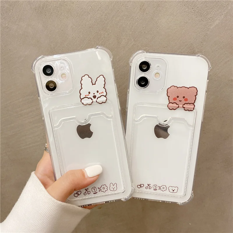 

Cute Bear Cartoon Rabbit Shockproof Phone Case For iPhone 11 12 13 Pro XS Max X XR Mini 7 8 6 Plus Soft Wallet Cover Card Holder