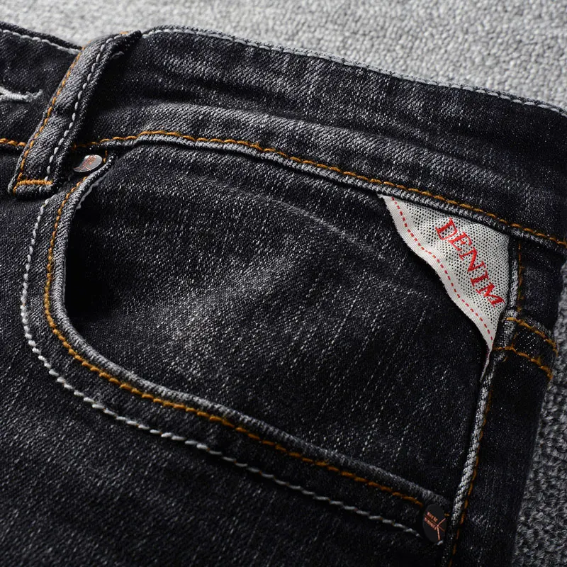 Fashion Designer Men Jeans Retro Black Gray Elastic Slim Fit Ripped Jeans Men Trendy Trousers Vintage Stretch Denim Pants Hombre