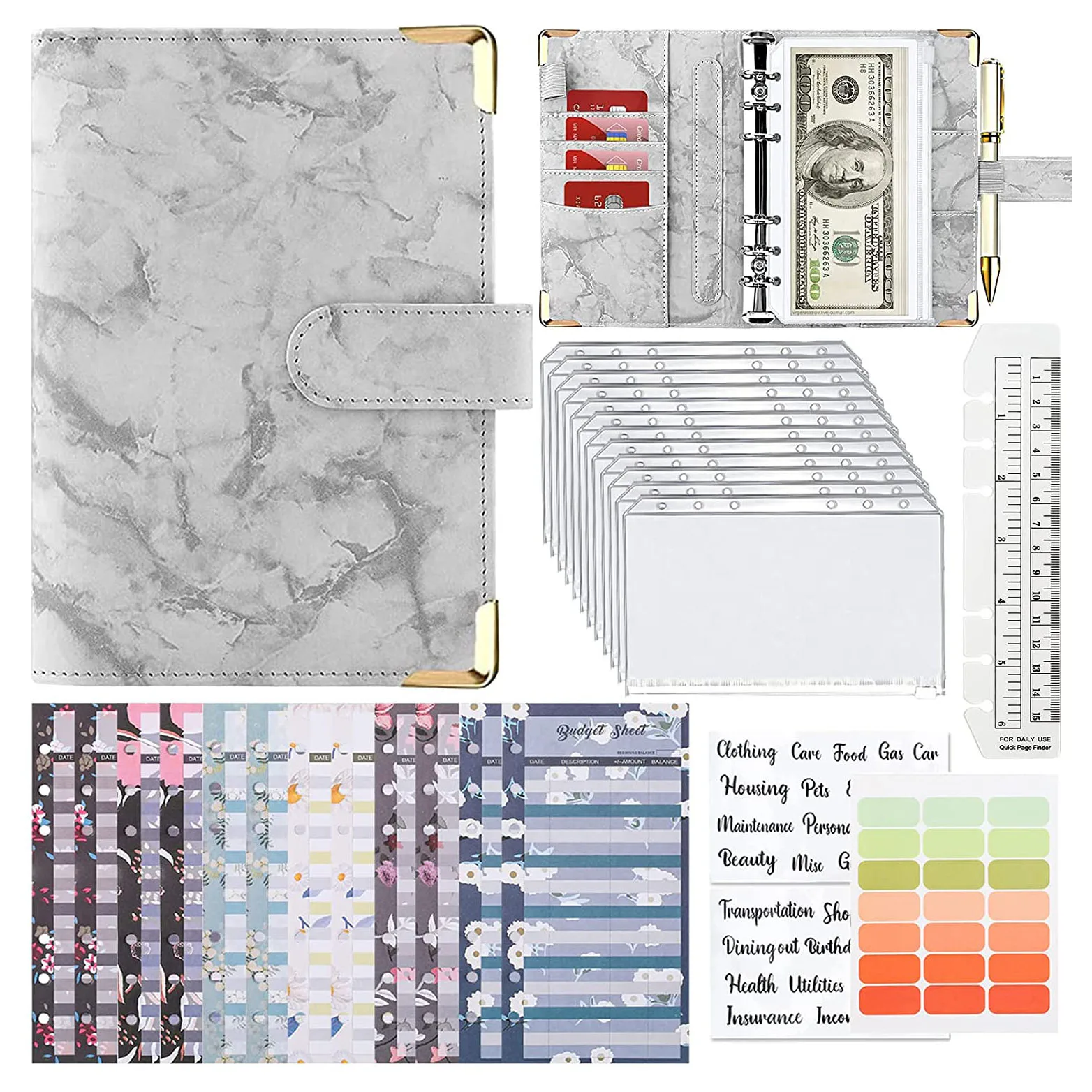 

A6 PU Leather Binder Budget Planner Organizer, with Budget Sheets ,Zipper Pockets,Category Stickers,Saving Cash Envelopes System