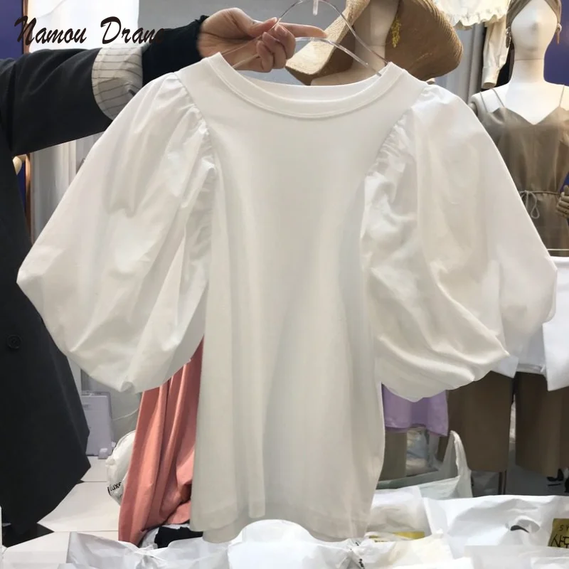 

Namou Drane Fashion Chic Lantern Sleeve Graphic Tee Causal O-neck Shirts for Women 2021 Summer New Korean Solid Tops Shirt
